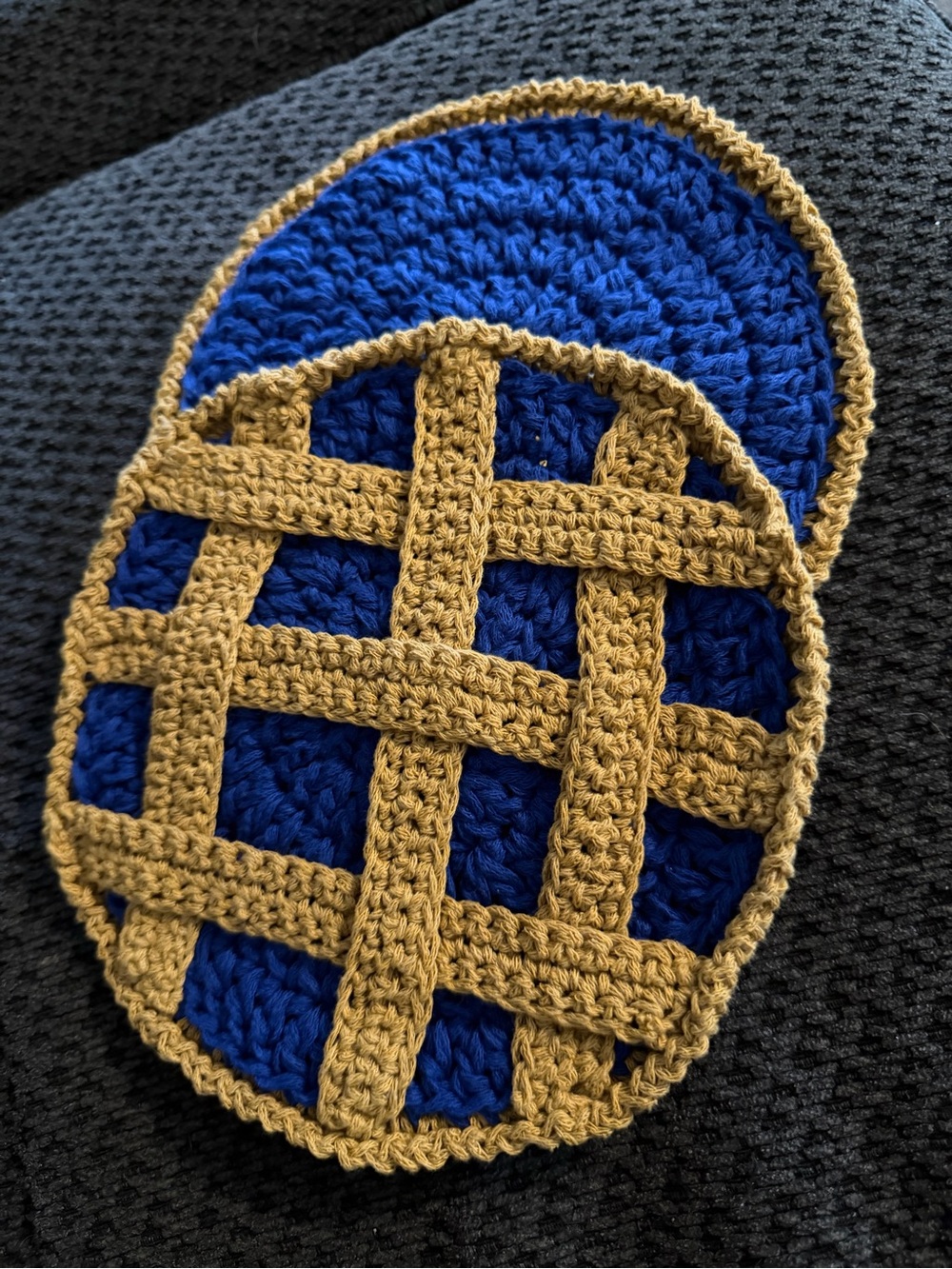 Handmade Crochet Blueberry Pie Pot Holders.